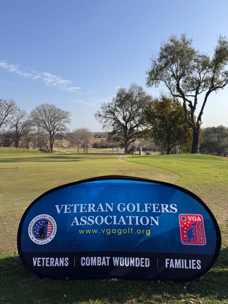 Veteran Golfers Association banner on course — Veterans, Combat Wounded, Families